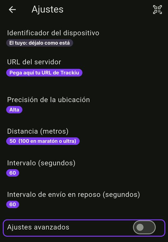 Ajustes de Traccar Client en Android con los valores recomendados