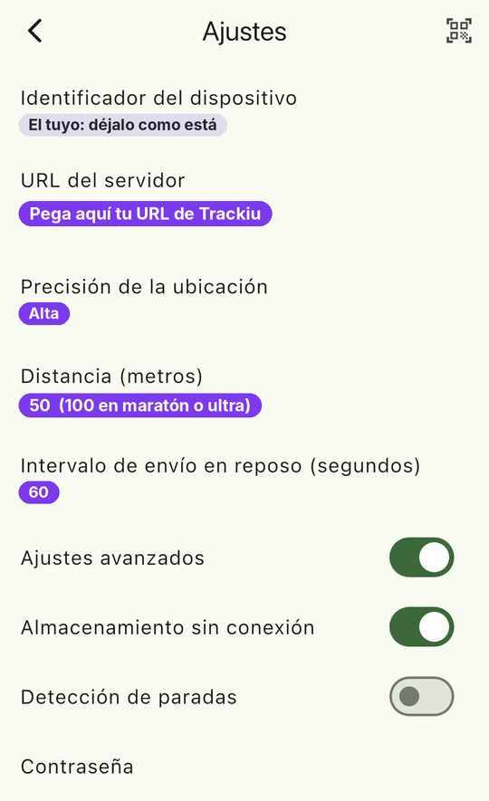 Ajustes de Traccar Client en iPhone con los valores recomendados